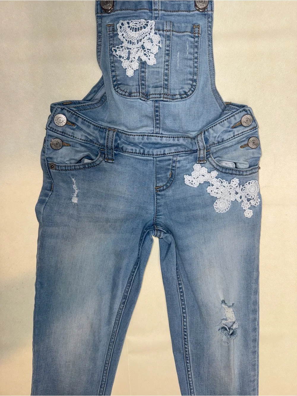 Justice Light Blue Denim Overalls with White Lace Appliqué